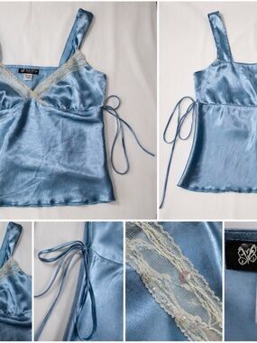 Vintage Y2K Self Esteem Baby Blue Satin Lace Side Tie Cami Top | Large